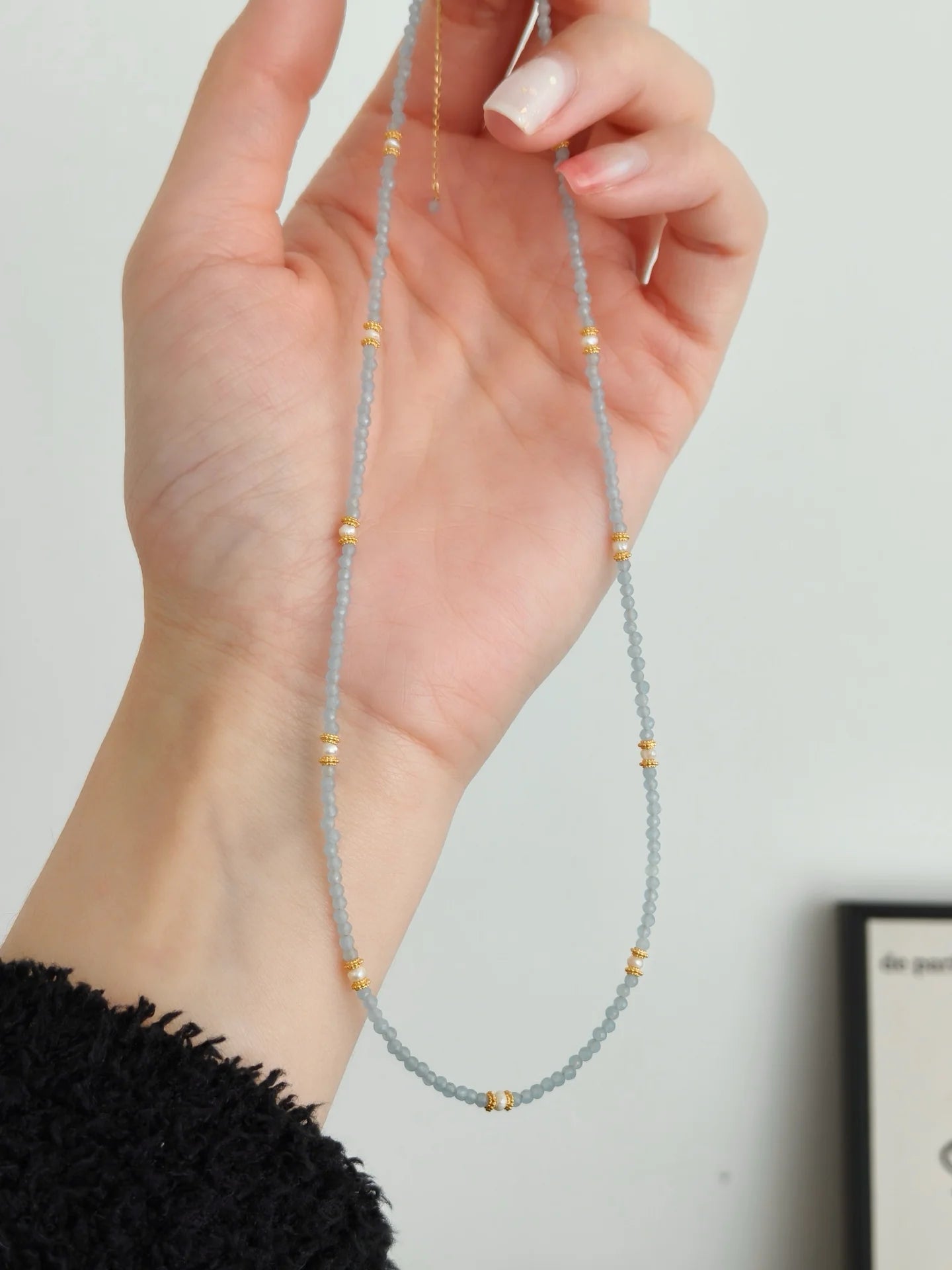 Blue Faceted Cat'S Eye Stone Pearl Necklace