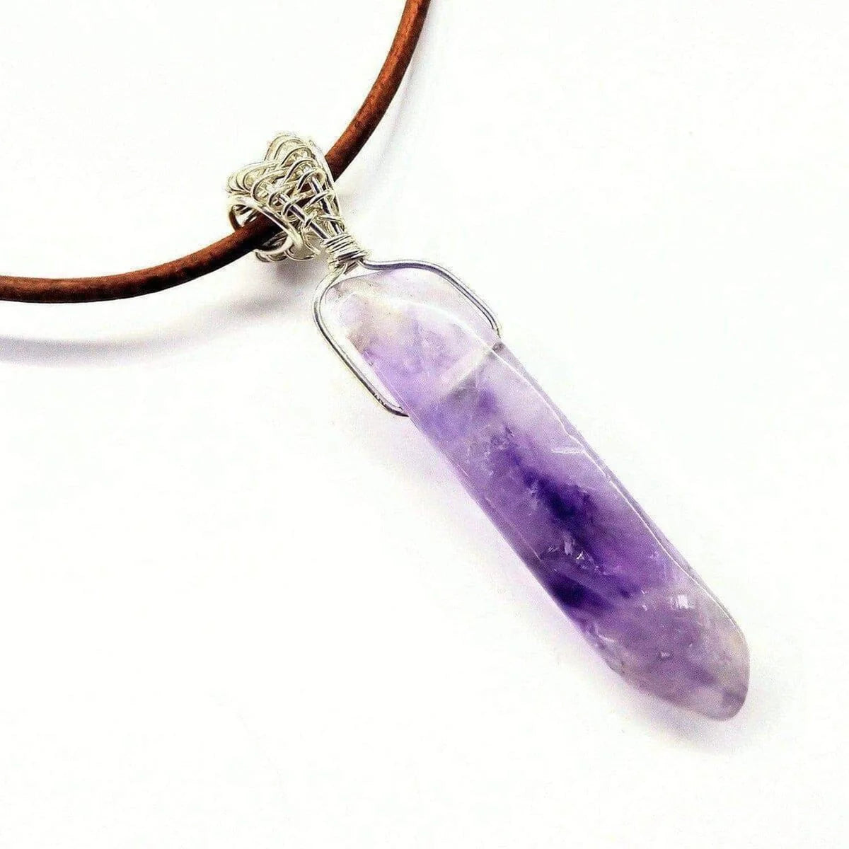 Silver Wrapped Amethyst Gemstone Point Leather Necklace
