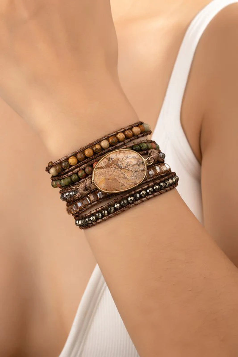 Spiritual Wellness — 5-Wrap Natural Stone Boho Bracelet (Brown, Turquoise)