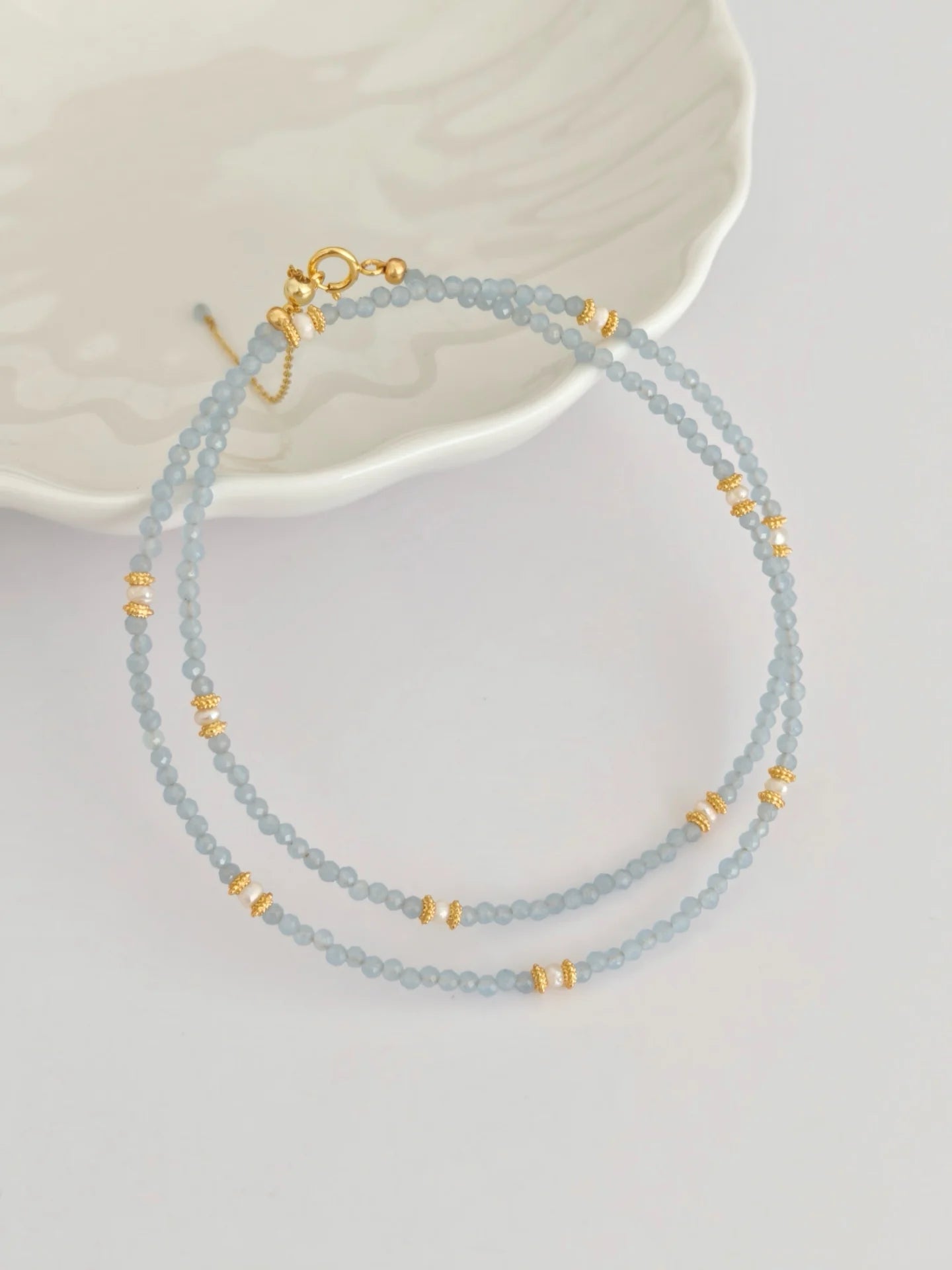 Blue Faceted Cat'S Eye Stone Pearl Necklace