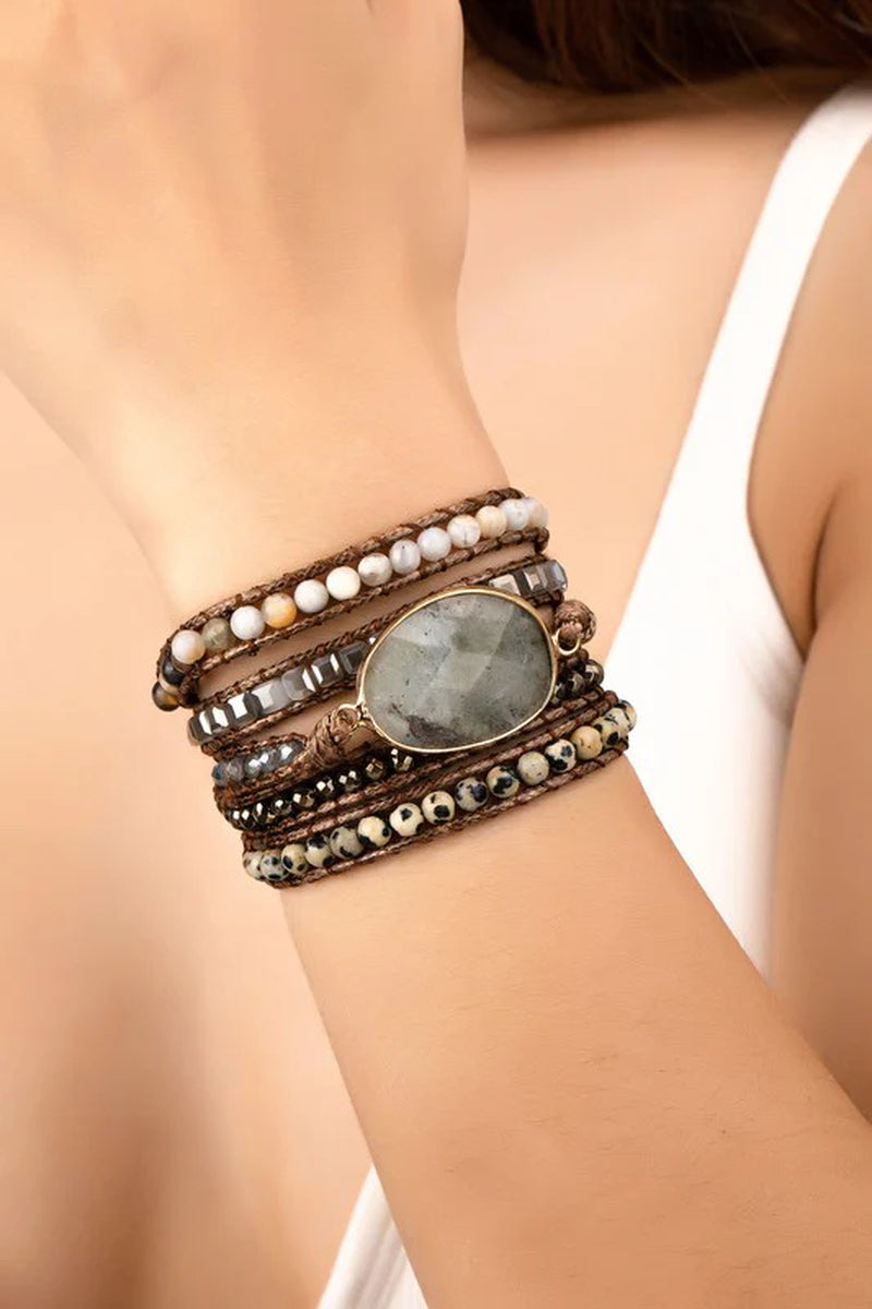 Spiritual Wellness — 5-Wrap Natural Stone Boho Bracelet (Brown, Turquoise)