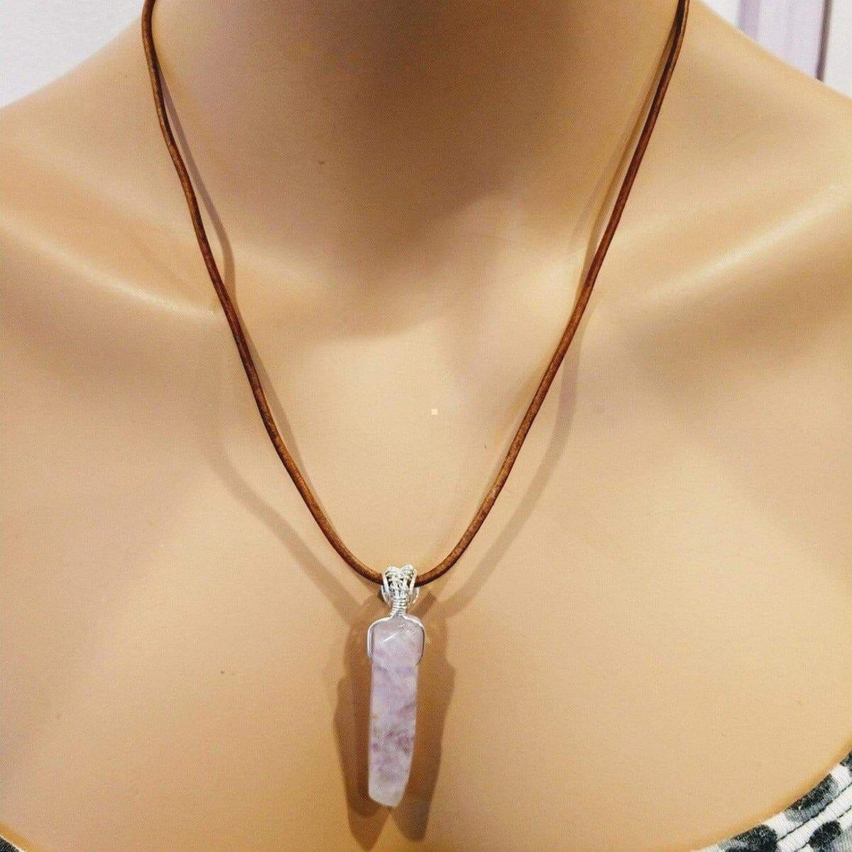 Silver Wrapped Amethyst Gemstone Point Leather Necklace