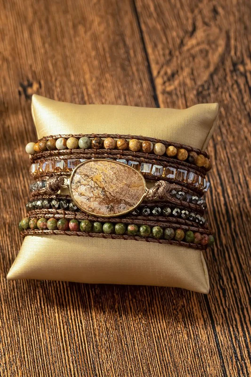 Spiritual Wellness — 5-Wrap Natural Stone Boho Bracelet (Brown, Turquoise)