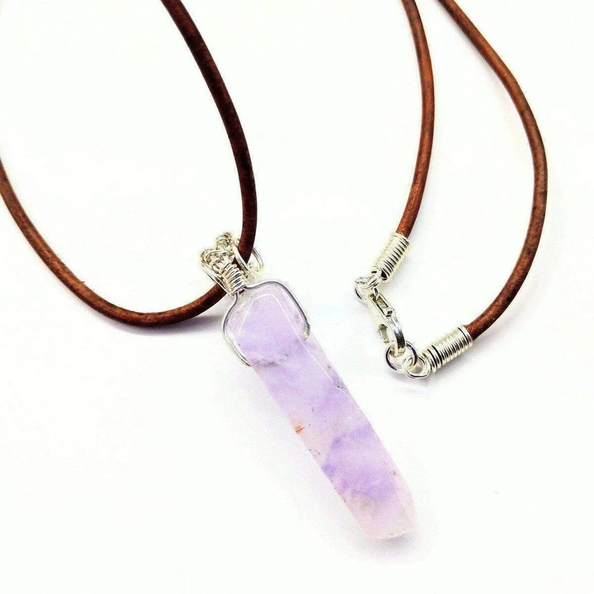 Silver Wrapped Amethyst Gemstone Point Leather Necklace