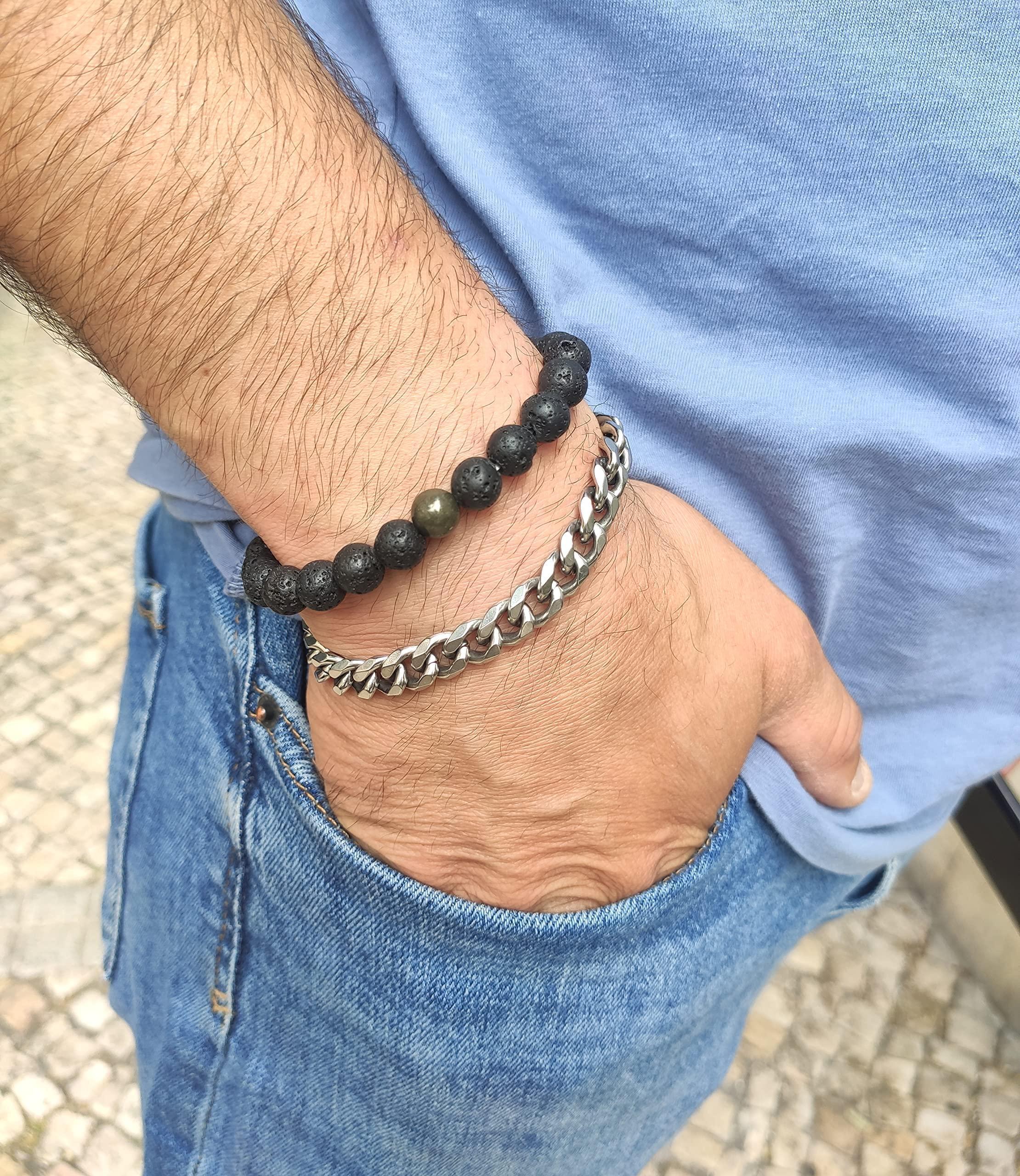 Spiritual Wellness — Black Lava Rock & Pyrite Bracelet, Set of 2