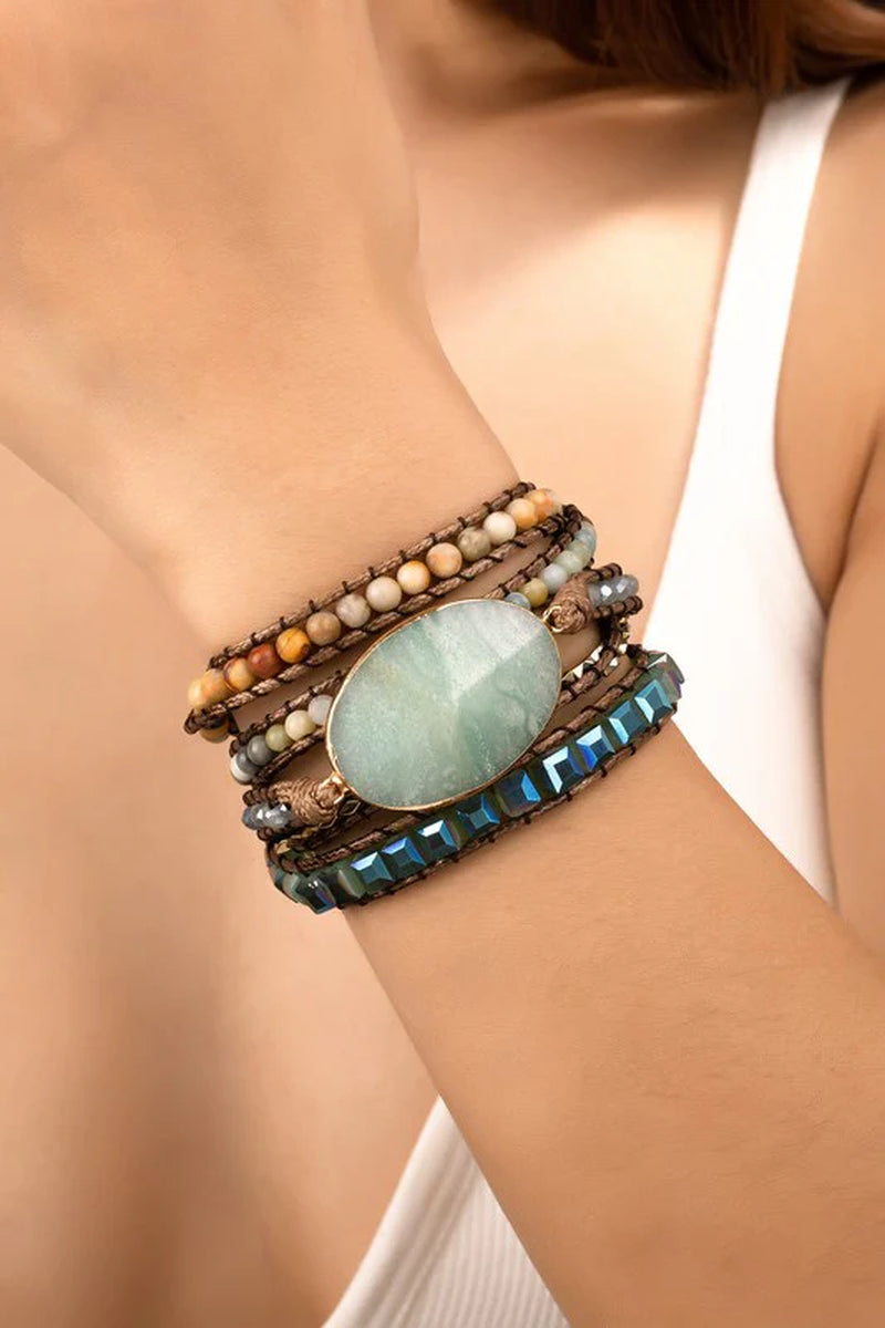 Spiritual Wellness — 5-Wrap Natural Stone Boho Bracelet (Brown, Turquoise)