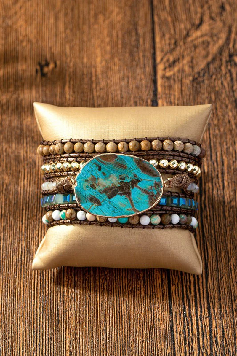 Spiritual Wellness — 5-Wrap Natural Stone Boho Bracelet (Brown, Turquoise)