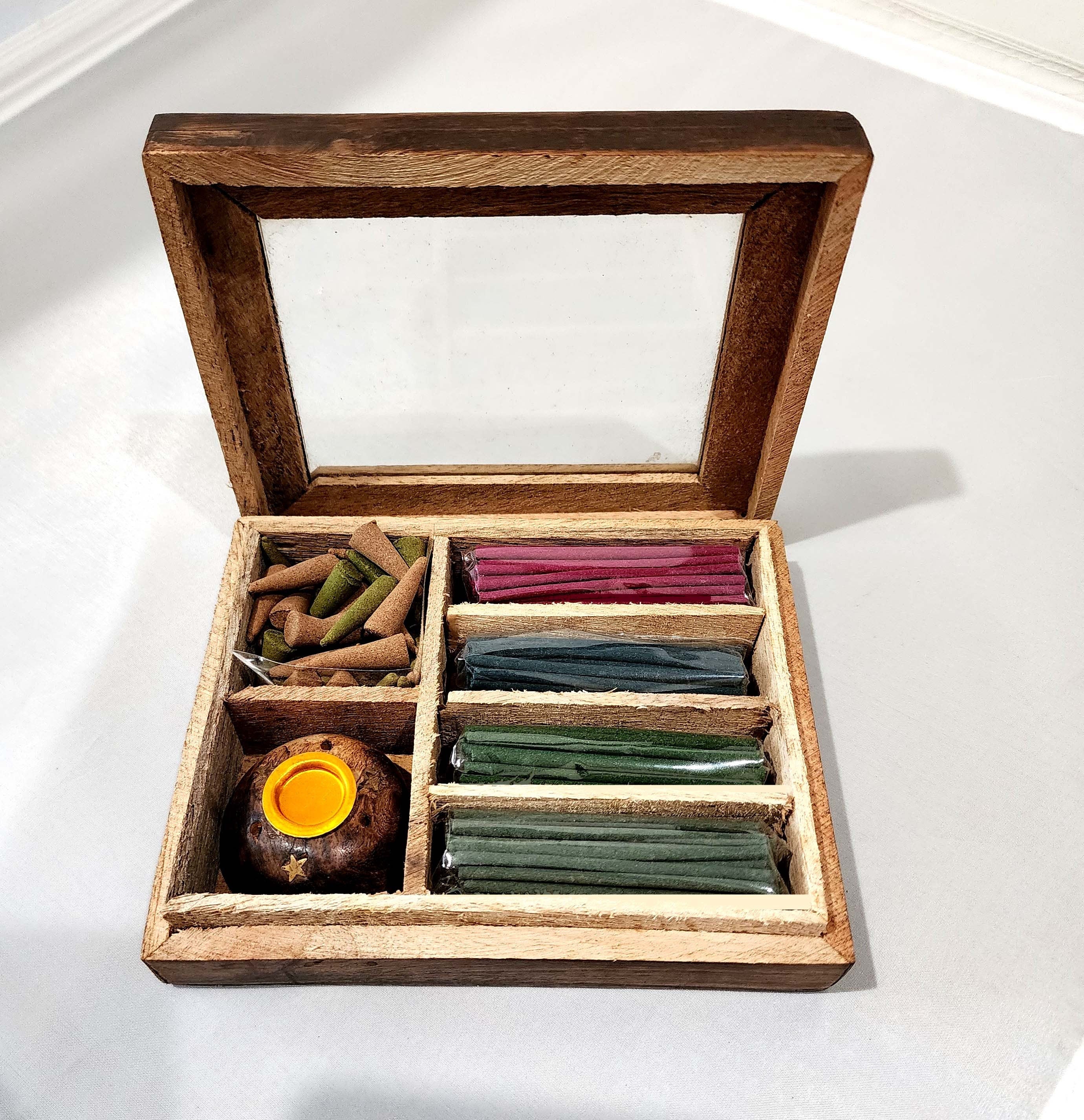 Spiritual Wellness Wood Incense Box with Aromatherapy Sticks